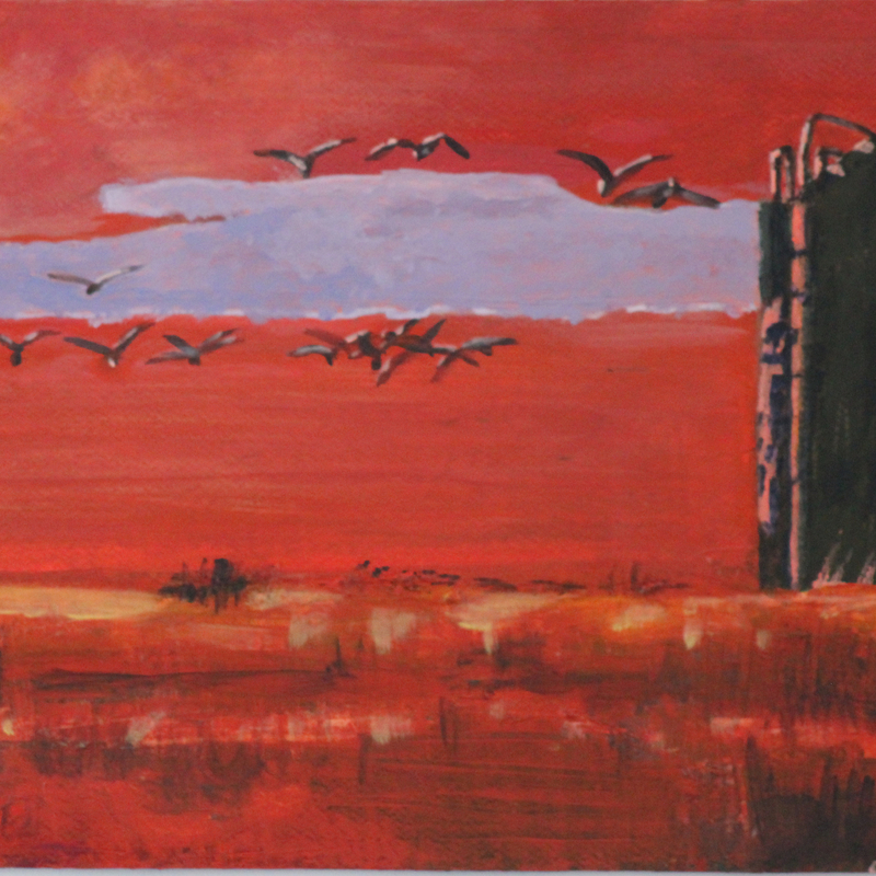 9. Country Morning: depicts a sunrise in late winter on the Paris Plains. A silo sits on one end while the field is dazzling as the frost and snow is hit with sunlight. The sky is orange, a thin lilac cloud crosses the sky horizontally. There are several Canada Geese flying across the sky. #Hope #Affirmation #Peace. 12 inches by 18 inches. Acrylic on watercolor paper. $300