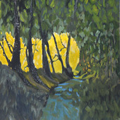 7. Being: depicts a tree-lined path or creek. It is either early morning or later in the evening. #Direction #Clarity #Movement. 12 inches by 18 inches. Acrylic on watercolor paper. $200